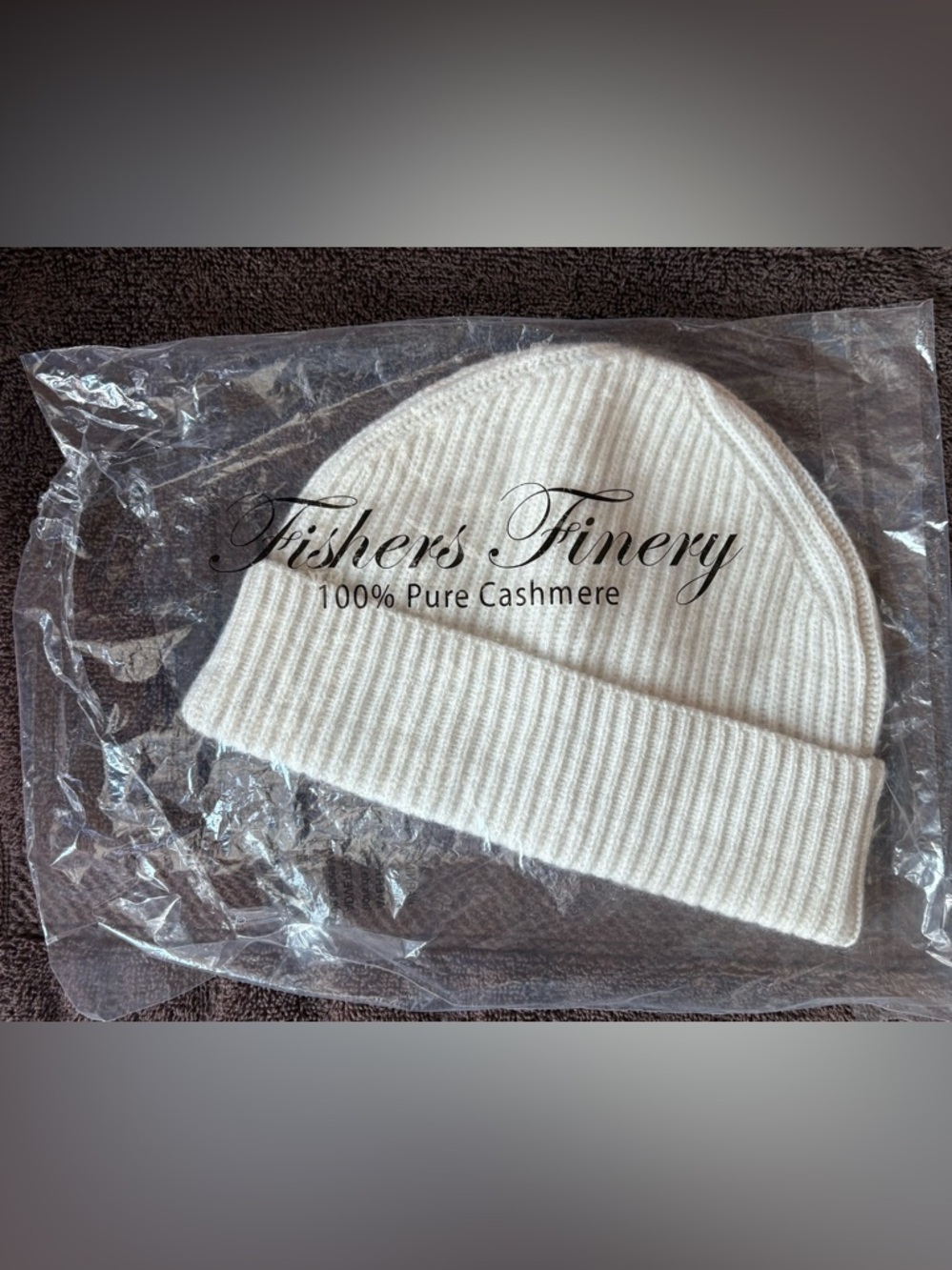 Fishers Finery Cream 100% Pure Cashmere Knit Ribbed Hat with Cuff